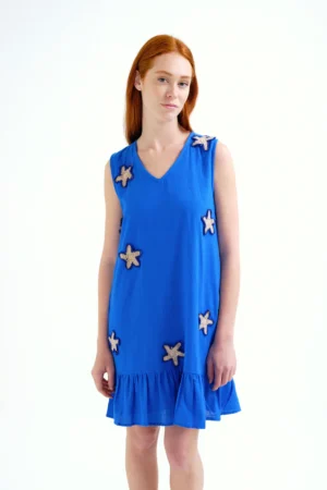 VESTIDO CORTO 100% ALGODON AZUL MARINO CON APLIQUES DE ESTRELLAS